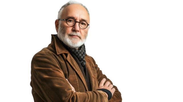 Bearded man with glasses standing confidently arms crossed