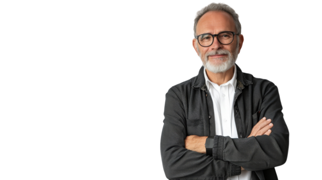 Bearded man with glasses stands with arms crossed - Powered by Adobe