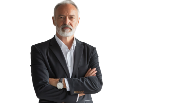 A dapper man in a sleek suit and tie stands confidently with his arms crossed