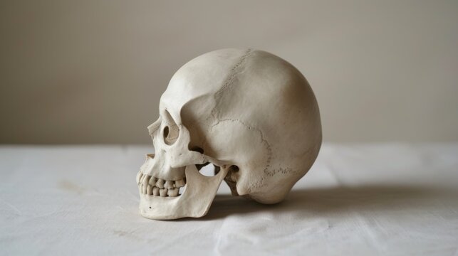 A clean, intact human skull shown in profile against a minimalistic backdrop