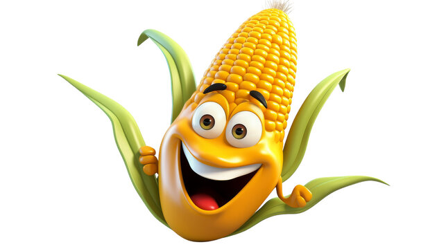 A cheerful cartoon corn on the cob with a big smile on its face