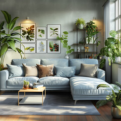Modern living room with robin's egg blue sectional and plants with mid-morning light
