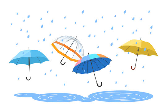 Open umbrellas protect from raindrops in autumn, summer or spring rain, rainy weather poster. Group of umbrellas with handles of different colors and waterproof fabric cartoon vector illustration