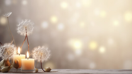 An incredible atmosphere,dandelions and aromatic candles on a gentle background of pastel colors 

