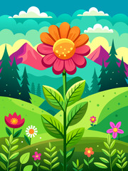 Picturesque flower vector landscape background with vibrant blooms and lush greenery creates a serene and idyllic outdoor scene.