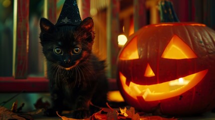 Black kitten with a witch's hat next to a lighted Halloween pumpkin. Jack o lantern. Halloween background. Copy space
