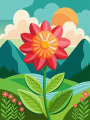 Fototapeta na wymiar Floral Vector Landscape Background featuring vibrant blooms and lush greenery