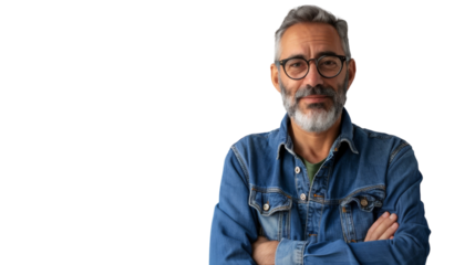 A bearded man in glasses stands confidently with arms crossed