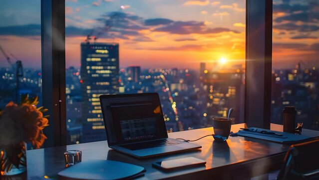 Modern workspace arrangement with a laptop on a desk, framed by a window view. Seamless Looping 4k Video Animation