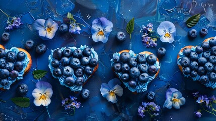 Blueberry cakes in the shape of hearts with cream and flowers on a dark blue background. Top view, close-up oil painting