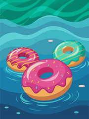 Tasty donuts and a refreshing bottle of water sit on a vibrant background.