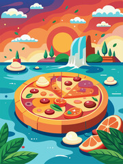 A delicious pizza surrounded by sparkling water rests on a vibrant blue background, creating a tantalizing feast for the eyes.