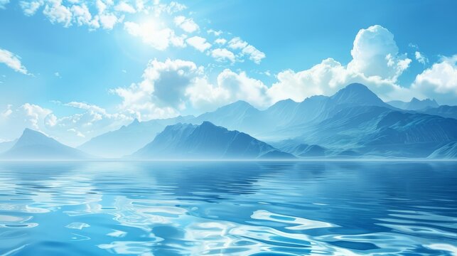 Blue abstract background. Water surface. Sky with clouds. Landscape with mountains