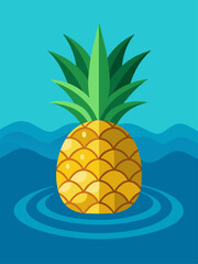 A juicy pineapple sits on a refreshing backdrop of shimmering water droplets.