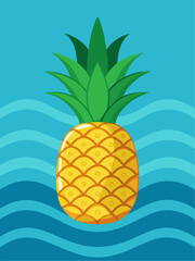 A juicy pineapple sits on a table, its sweet juice dripping into a clear glass of water.