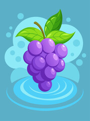 A bunch of fresh and juicy grapes submerged in a clear body of water against a plain background.