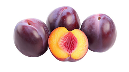 Fototapeta premium A group of plums with one sliced in half, revealing its juicy interior and vibrant colors