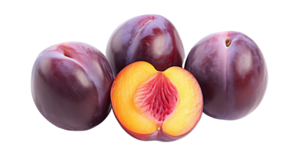 A group of plums with one sliced in half, revealing its juicy interior and vibrant colors