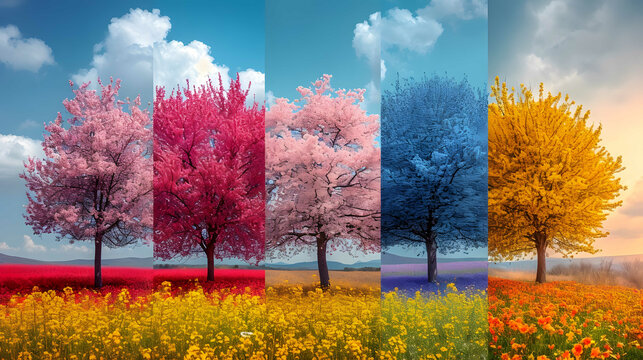 The image of art, where bright colors embody the spring beauty of flowering trees and shru