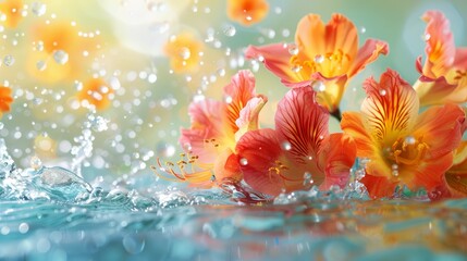 Bright flowers in splashes of water. Edge background. Fantastic composition