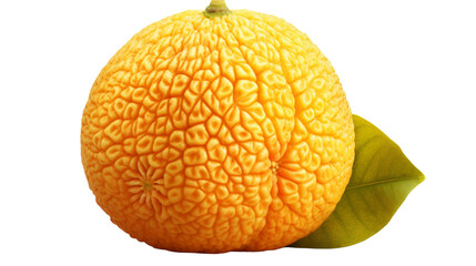 Close up of a vibrant orange with a leaf attached, showcasing the vivid colors and textures
