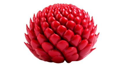 A vibrant red sculpture of a flower stands gracefully on a pure white background