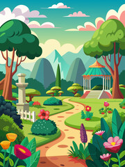 A lush garden setting with blooming flowers, lush greenery, and a wooden bridge crossing a tranquil pond.