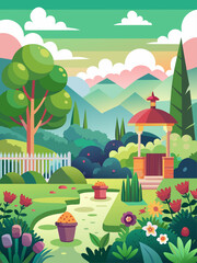 This vector landscape background features a lush garden with blooming flowers, towering trees, and a tranquil pond.
