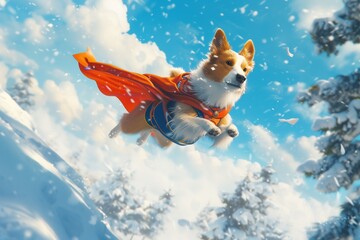 Superhero Canine Soaring through Winter Wonderland, Right-Sided for Text Addition - heroic adventure, this scene features a dog in full superhero regalia, deftly navigating the snowy skies.