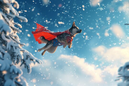 Superhero Canine Soaring through Winter Wonderland, Right-Sided for Text Addition - heroic adventure, this scene features a dog in full superhero regalia, deftly navigating the snowy skies.