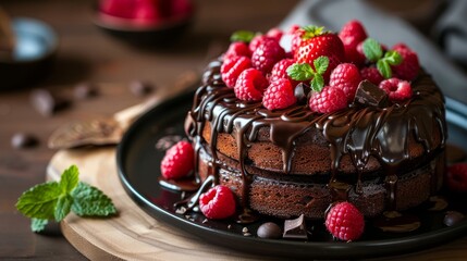 Cake with chocolate sauce and raspberries