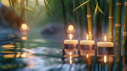 Candles and bamboo on the water. Relaxation, spa and gift