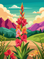 Gladiolus flowers bloom amidst a serene landscape, creating a breathtaking and colorful vista.