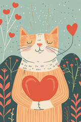 valentine's day postcard with a cat holding a big heart in style of flat vector illustration, conceptual