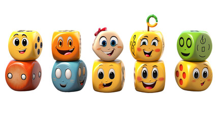 A collection of toy blocks with amusing faces painted on them, creating a fun and lively atmosphere