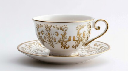 Chinese bone porcelain, teacup with gold pattern on a saucer, white background