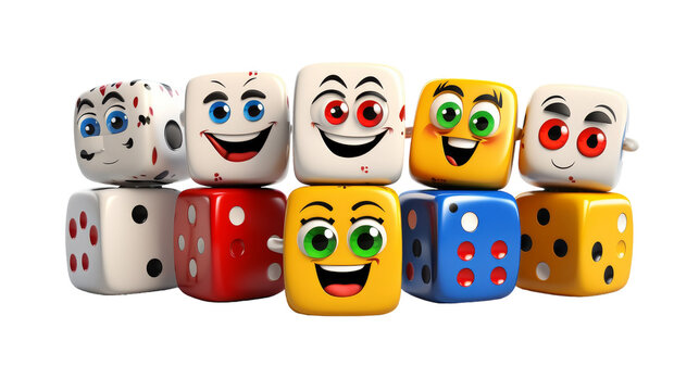 A group of colorful dice with intricate faces painted on them, creating a whimsical and playful display