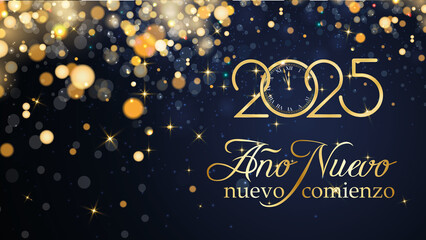 Fototapeta na wymiar tarjeta o pancarta para desear un nuevo comienzo para el nuevo año 2025 en oro sobre fondo azul con círculos dorados y brillo en efecto bokeh