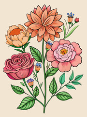 Hand-drawn vector illustration depicting a set of beautiful flowers in a variety of shapes and colors.