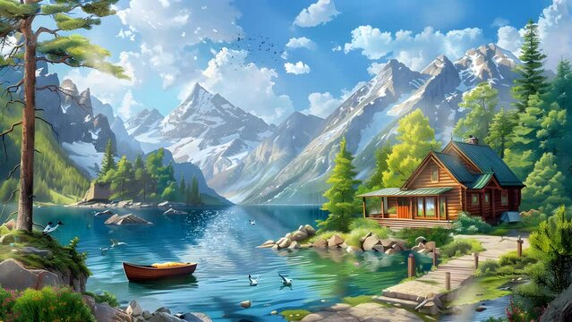 Rustic lakeside cabin with a boat docked in front, offering a serene lakeside escape. Seamless Looping 4k Video Animation