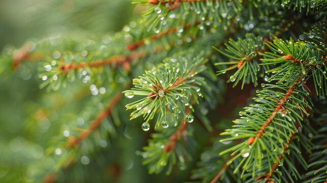Close-up of a spruce branch with drops after rain. Natural background. The concept of awakening and purity of nature