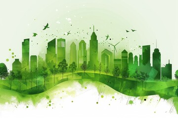 Green city illustration showcasing a harmonious blend of urban architecture and lush greenery. This image represents a sustainable future where cities and nature coexist in balance. - obrazy, fototapety, plakaty