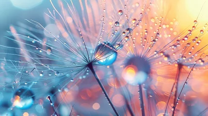 Fotobehang Close-up of fluffy dandelion seeds with water droplets at dusk. Natural background © vannet
