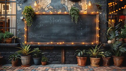 Wooden blackboard sign mockup in front of an outdoor cafe or restaurant with plants and lights. Black board for menu or advertising on the street