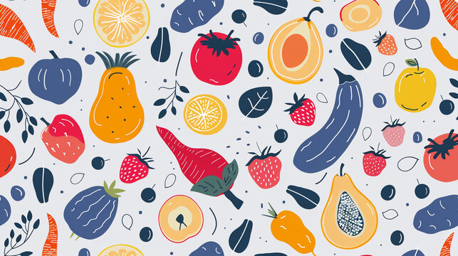 minimalsitc pattern with fruits and vegtables. grey backgroundcolor. only pastel tones
