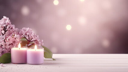 An incredible atmosphere, liliac and aromatic candles on a gentle background of pastel colors