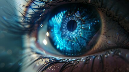 Closeup of a human eye with blue digital cyber electronic light technology