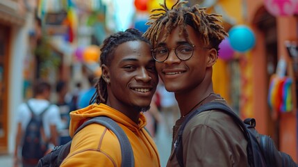 Two young men with dreadlocks smile at the camera while in a colorful street during a gay pride celebration.