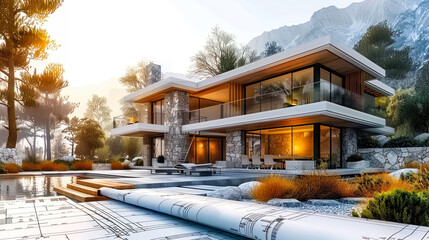 Architectural concept of a modern villa emerging from blueprints, blending dream home design with a realistic landscape, depicting construction planning