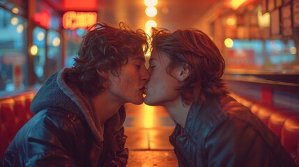 Two young men kissing in a restaurant